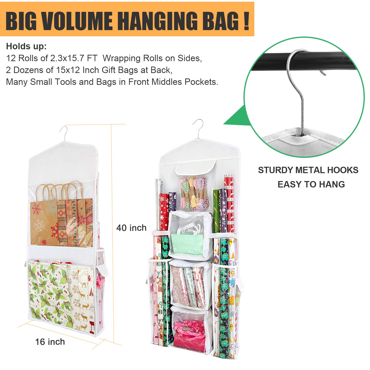 SumDirect Double-Sided Gift Wrap Organizer - White Hanging Wrapping Paper Gift Bag Storage Holder Pockets - Image 4