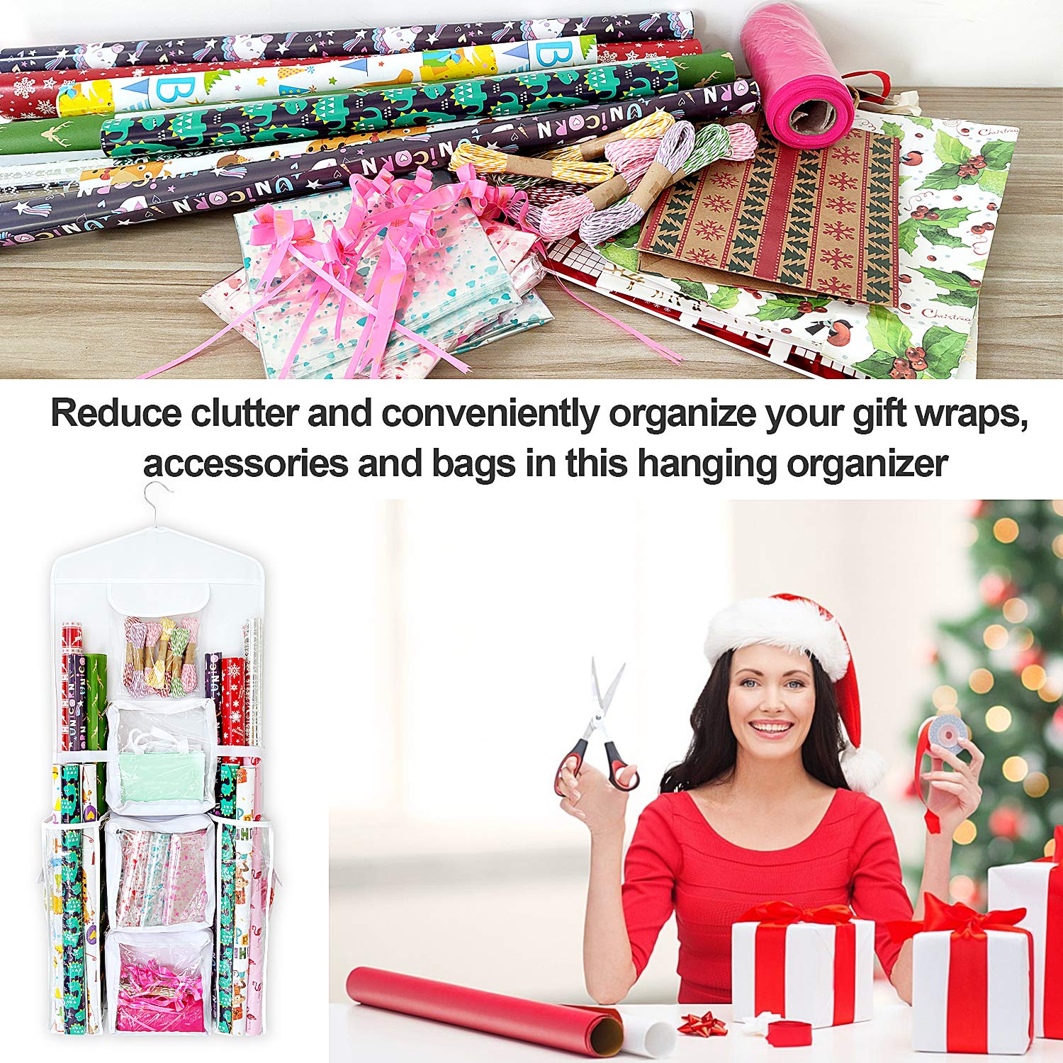 SumDirect Double-Sided Gift Wrap Organizer - White Hanging Wrapping Paper Gift Bag Storage Holder Pockets - Image 5