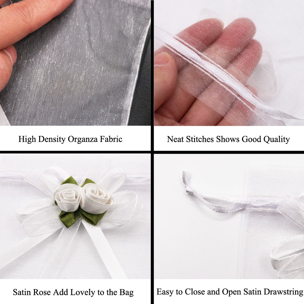 SumDirect Rose Organza Gift Bags - 50Pcs 4x5 inch White Wedding Favor Gift Bags, Jewelry Pouches with Drawstring for Party Wedding Christmas Valentine - Image 3